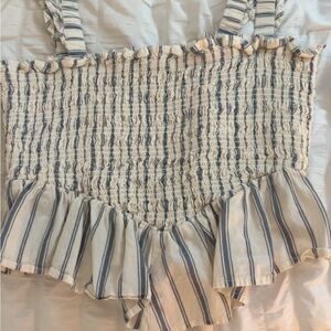 American Eagle Outfitters Blue and White Striped Smocked Crop Top